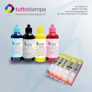 KIT 5 CARTUCCE 570BK/571 BK+C+M+Y piene ricaricabili e 4 taniche da 100ml inchiostro alimentare BK+C+M+Y